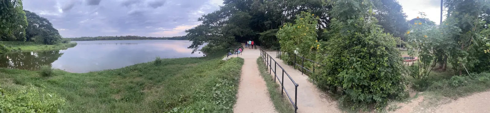 Panoramic view of the walking path bordering Kukkarahalli Lake